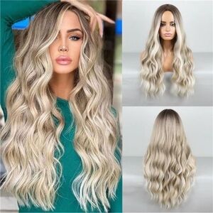 Ombre Blonde Wig Long Wavy Wig For Women Middle Part Wavy Wigs Synthetic